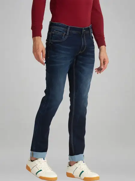 Men Blue Slim Tapered Fit Plain Cotton Blend Jeans - Image 5