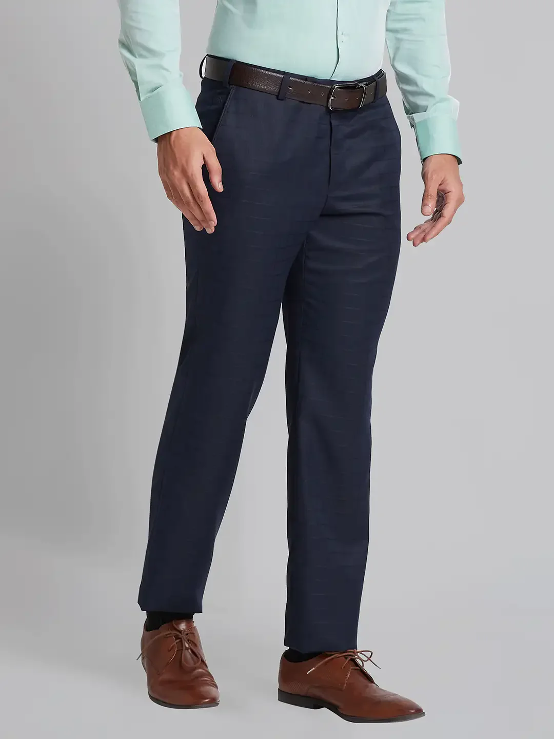 Men Blue Smart Fit Checks Polyester Blend Trouser - Image 2
