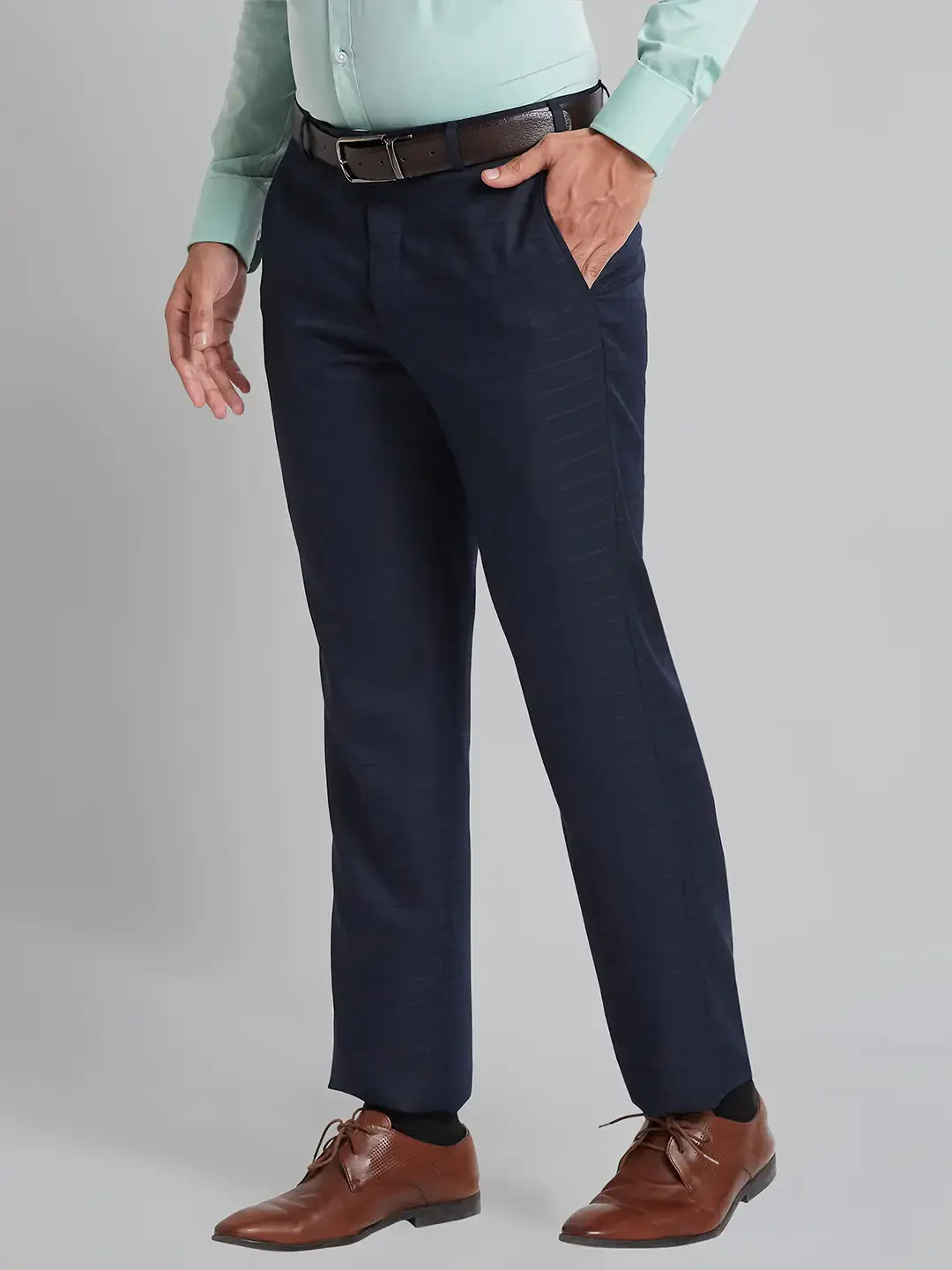 Men Blue Smart Fit Checks Polyester Blend Trouser - Image 3
