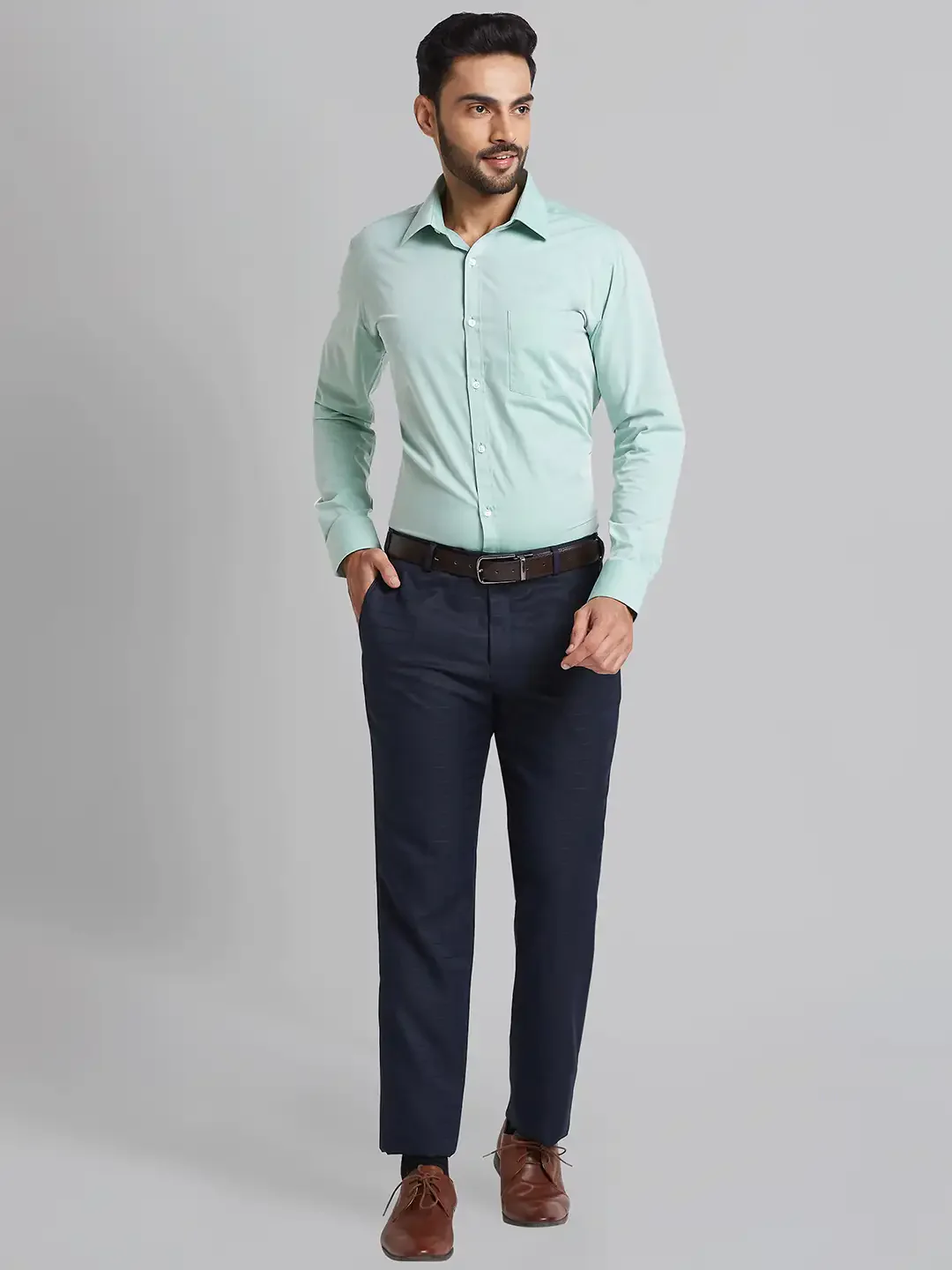 Men Blue Smart Fit Checks Polyester Blend Trouser - Image 6