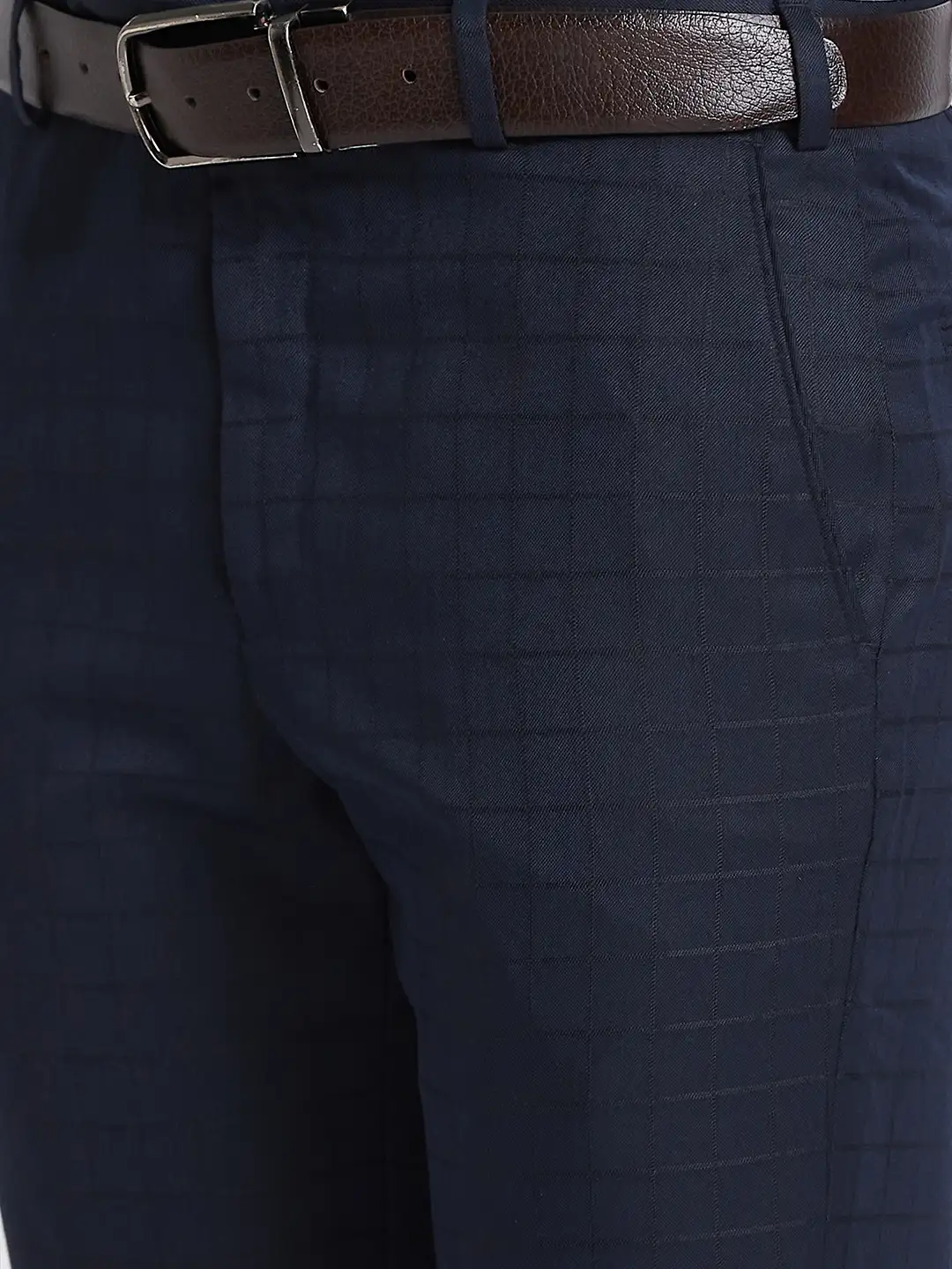 Men Blue Smart Fit Checks Polyester Blend Trouser - Image 7