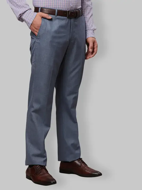 Men Blue Smart Fit Plain Polyester Blend Trouser - Image 2