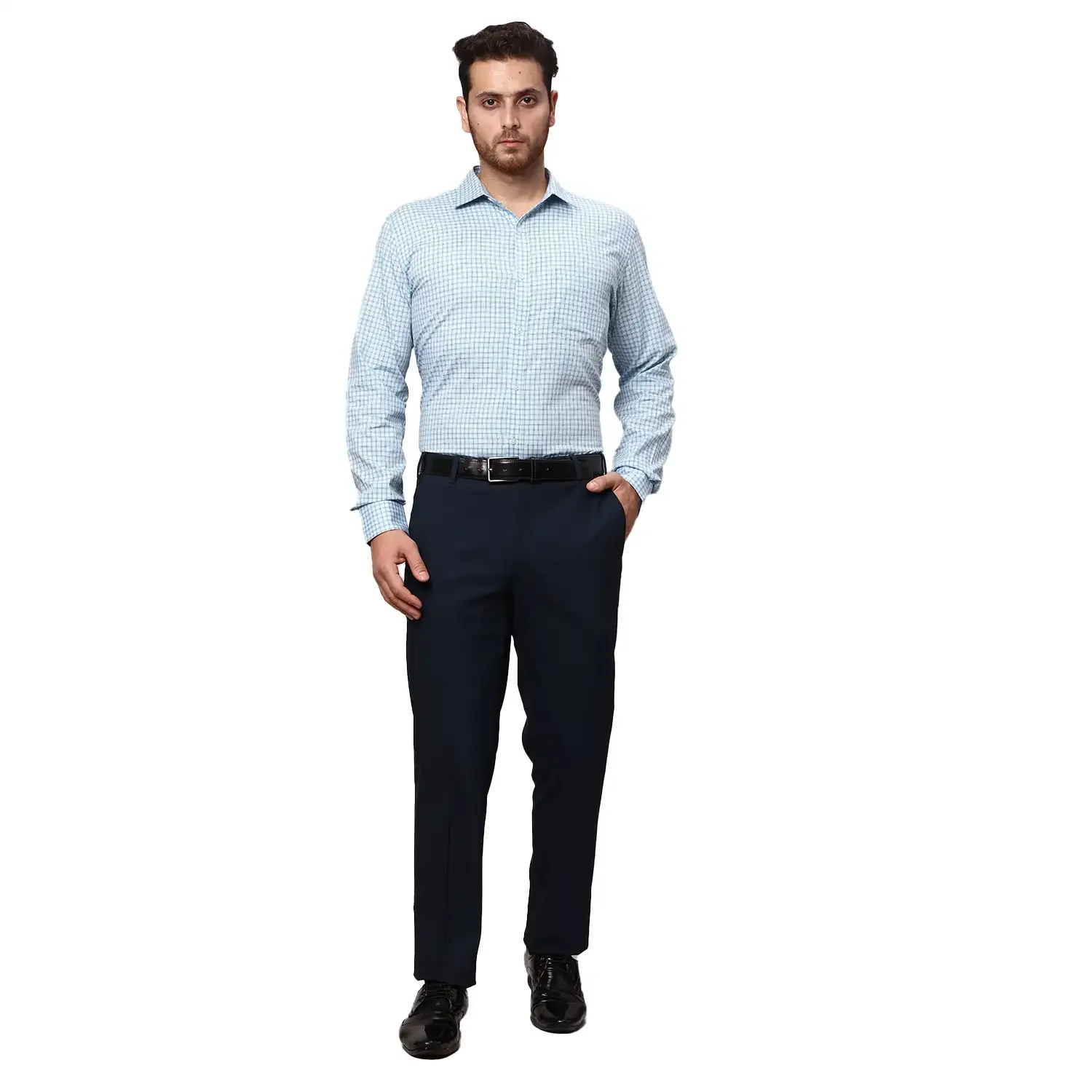 Men Blue Smart Fit Solid Lycra Polyster Viscose Blend Trouser - Image 5