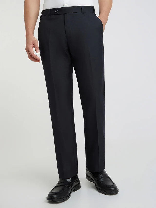 Men Blue Smart Fit Solid Polyester Blend Trouser