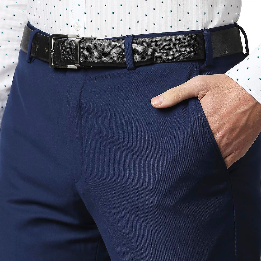 Men Blue Smart Fit Solid Terry Rayon Blend Trouser - Image 6
