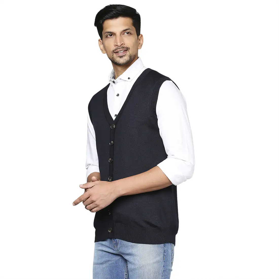 Men Blue Smart Fit Solid Wool Blend V Neck Collar Sweaters - Image 3