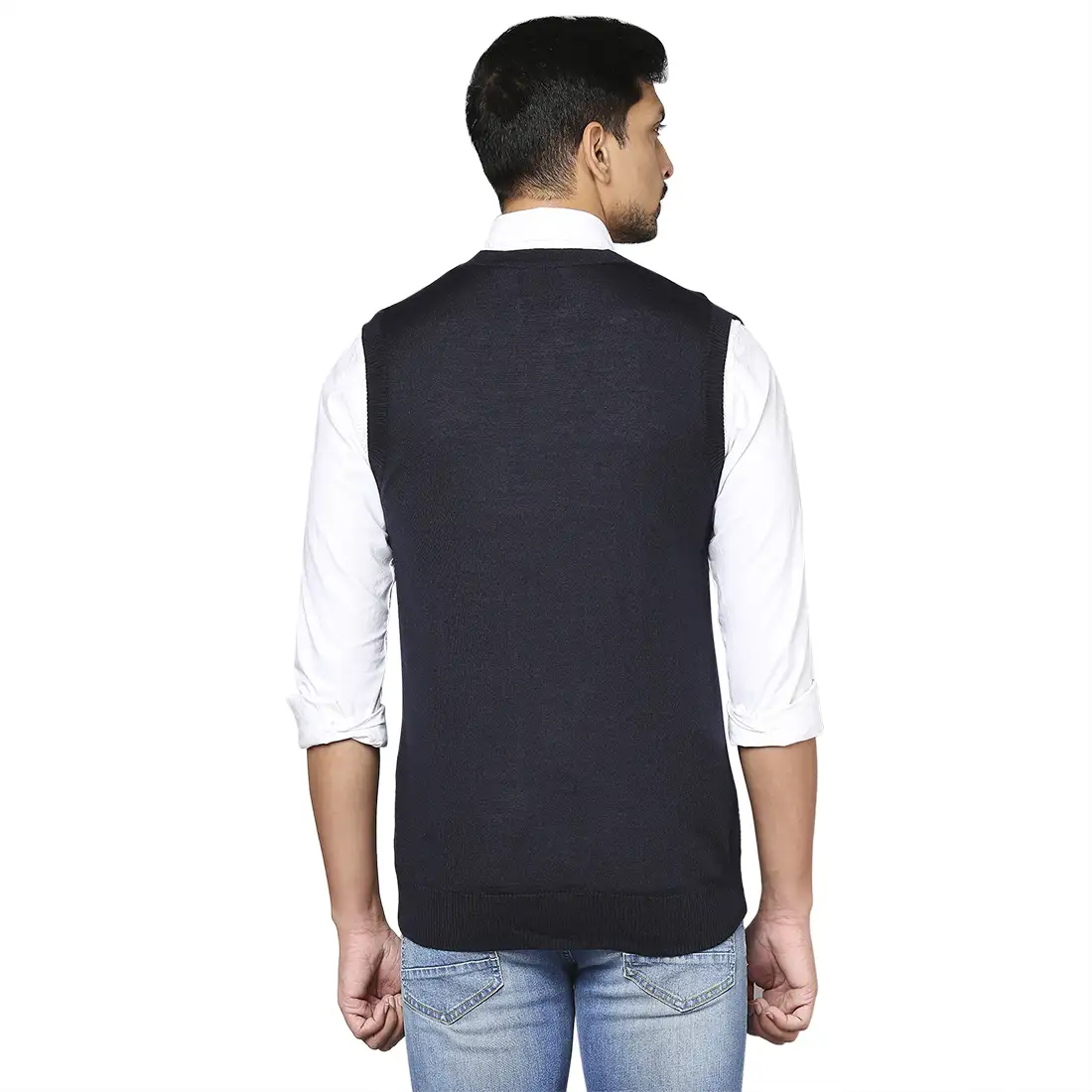Men Blue Smart Fit Solid Wool Blend V Neck Collar Sweaters - Image 4