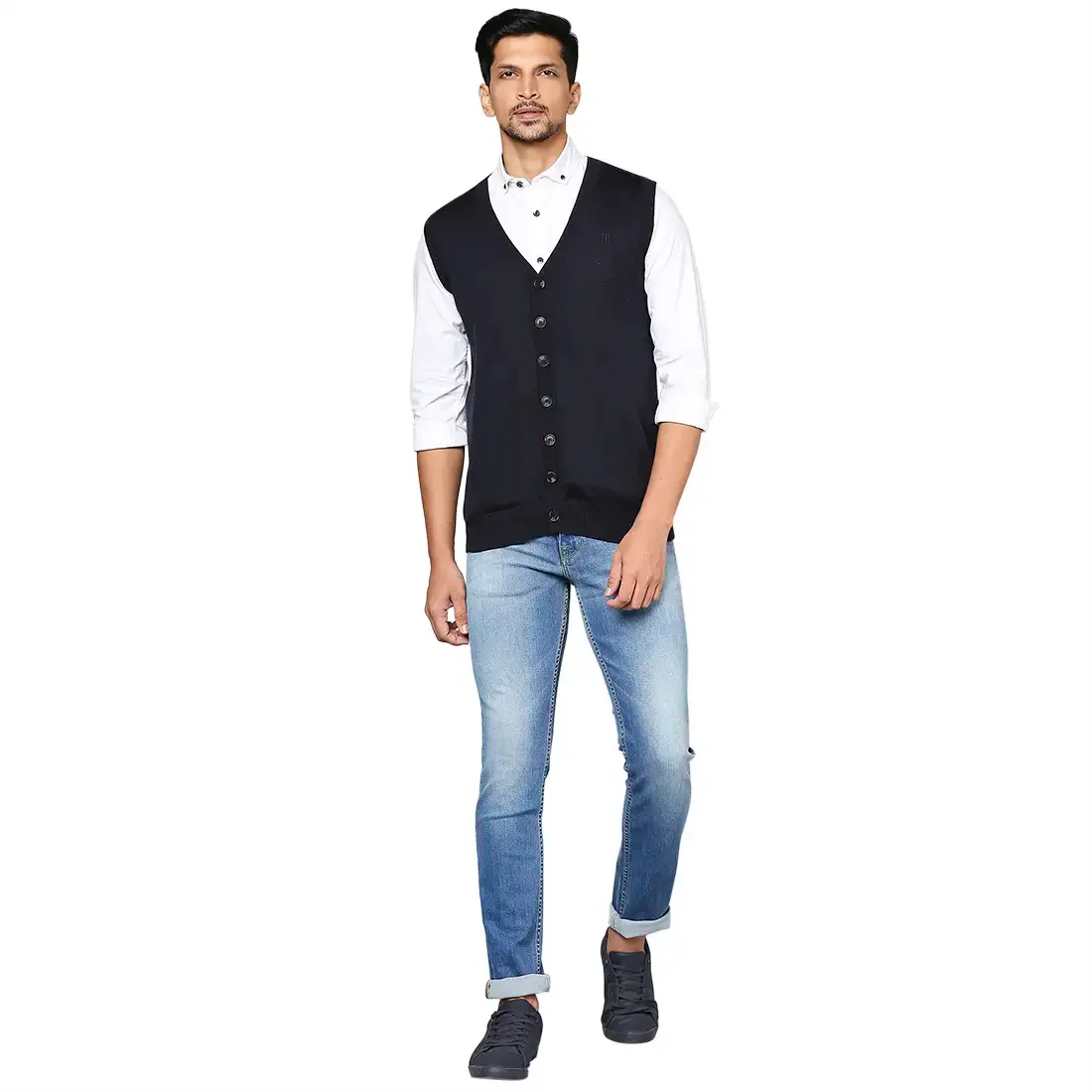 Men Blue Smart Fit Solid Wool Blend V Neck Collar Sweaters - Image 5