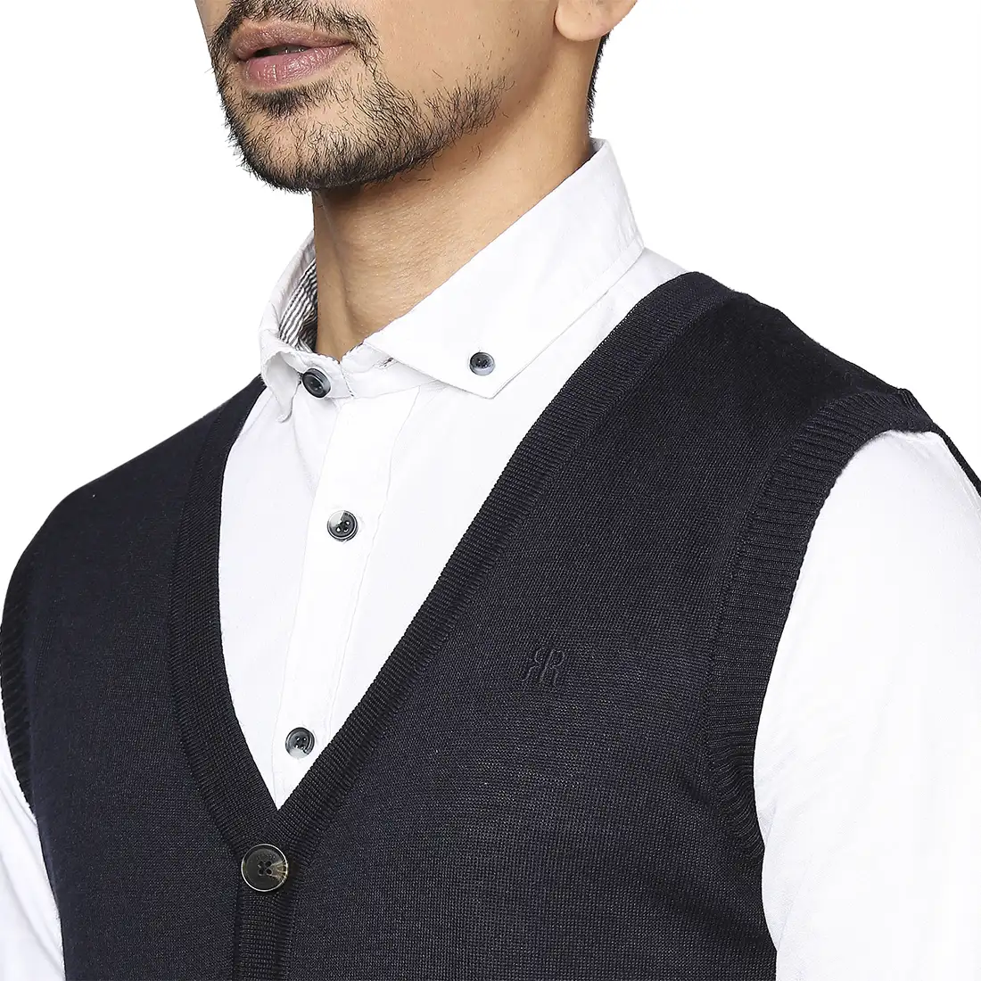 Men Blue Smart Fit Solid Wool Blend V Neck Collar Sweaters - Image 6