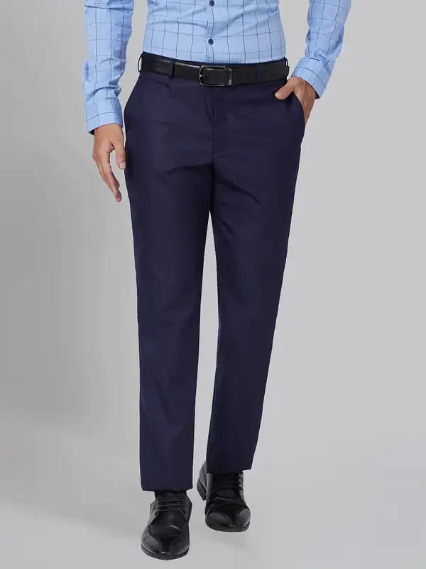 Men Blue Smart Fit Structure Polyester Blend Trouser
