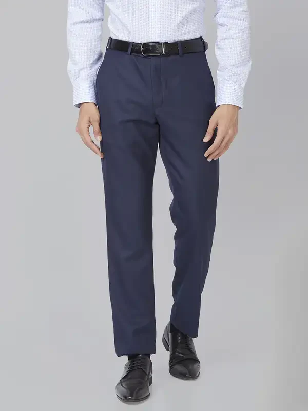 Men Blue Smart Fit Structure Polyester Blend Trouser