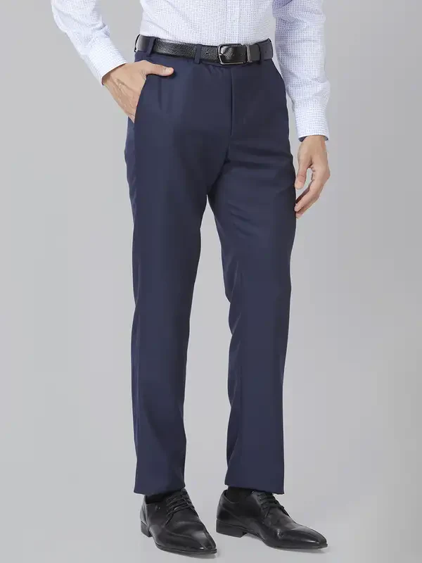Men Blue Smart Fit Structure Polyester Blend Trouser - Image 2