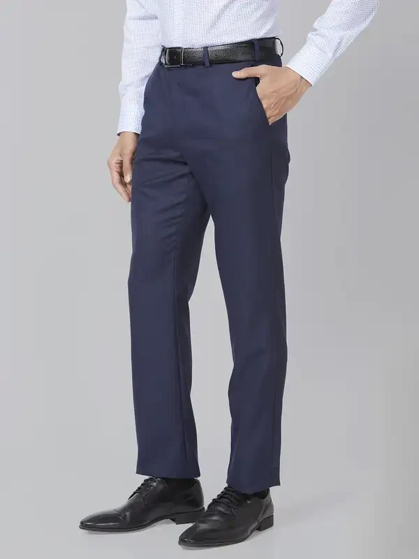 Men Blue Smart Fit Structure Polyester Blend Trouser - Image 3