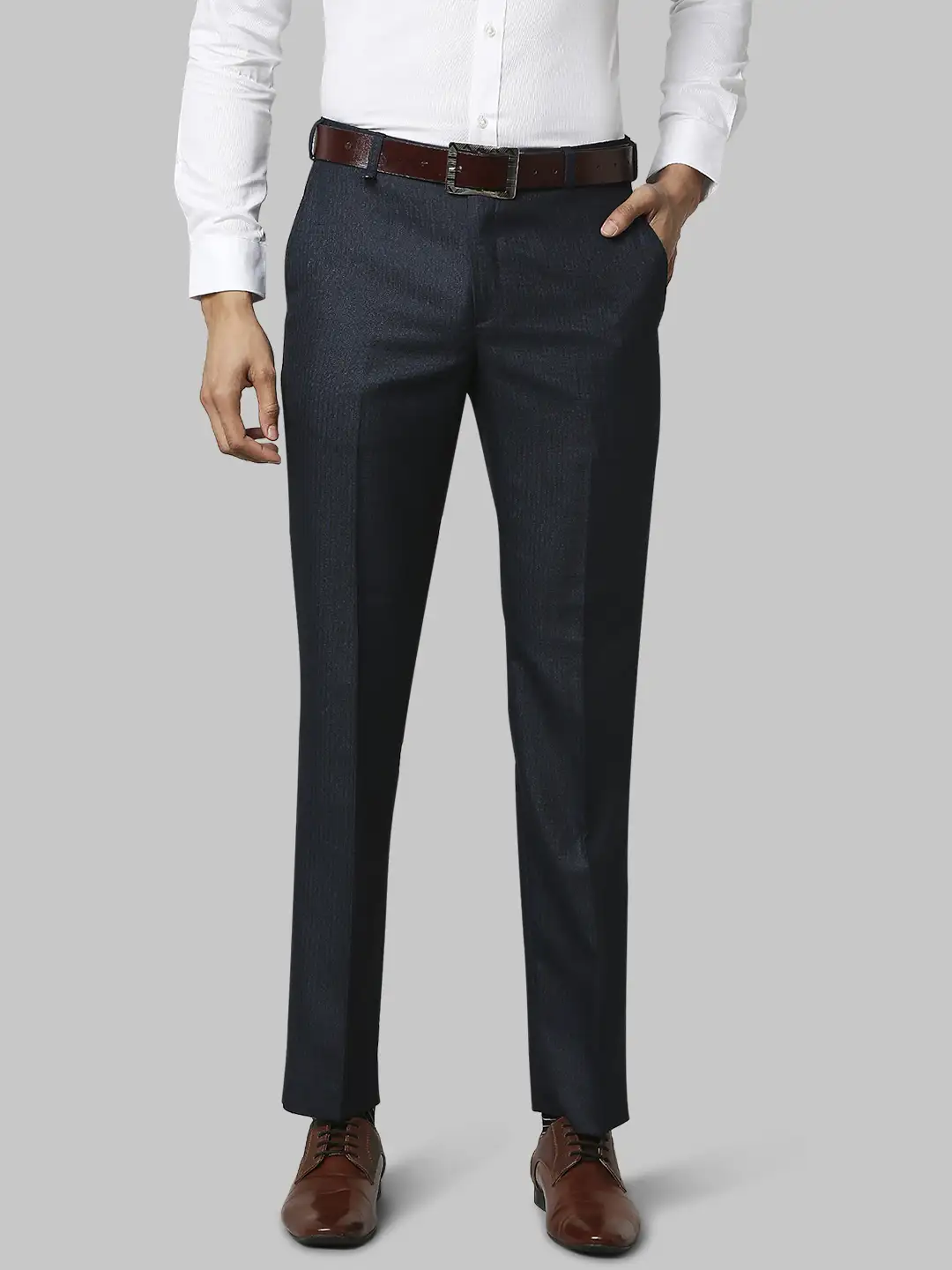 Men Blue Smart Fit Structure Polyester Blend Trouser