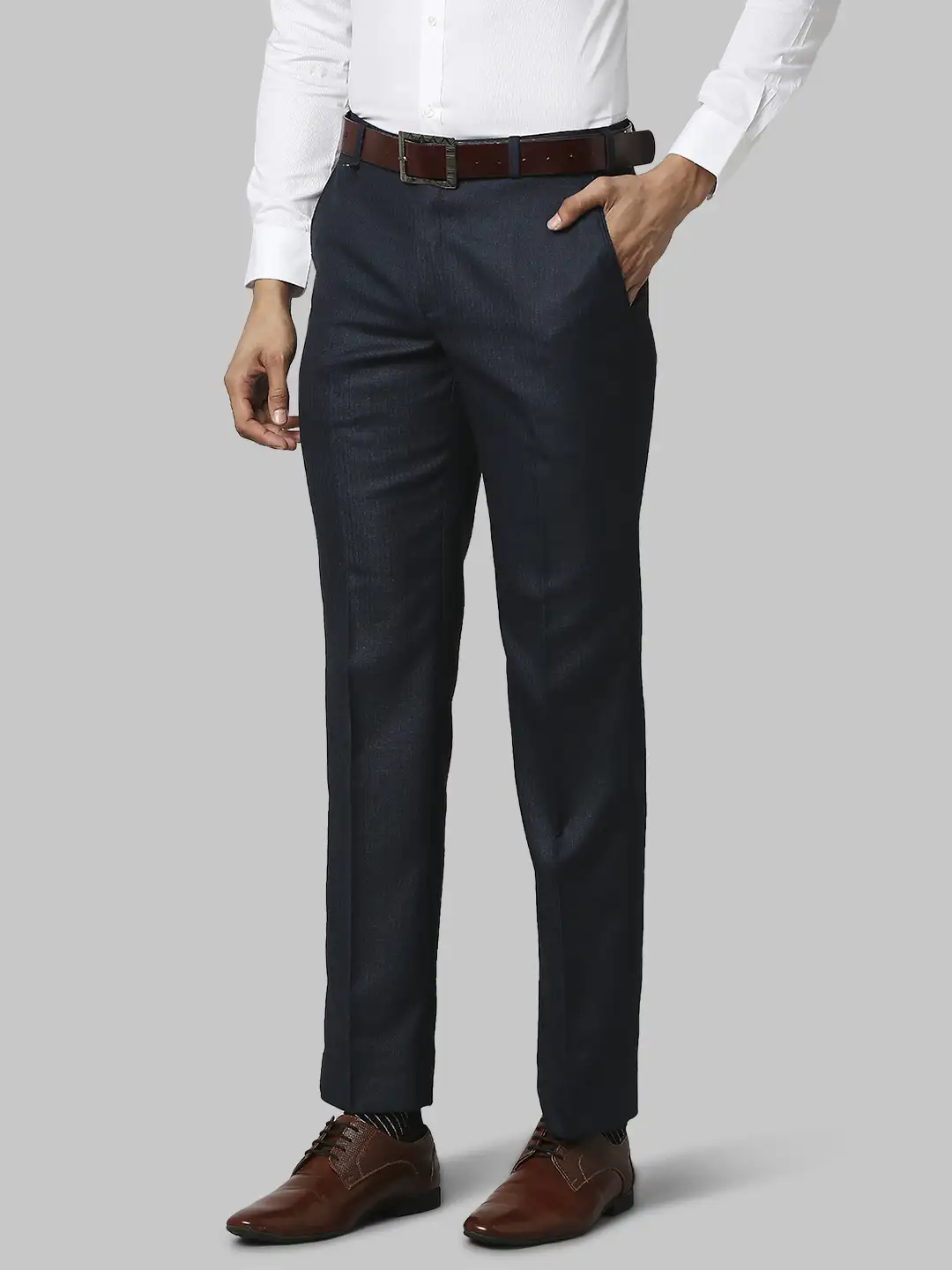 Men Blue Smart Fit Structure Polyester Blend Trouser - Image 3