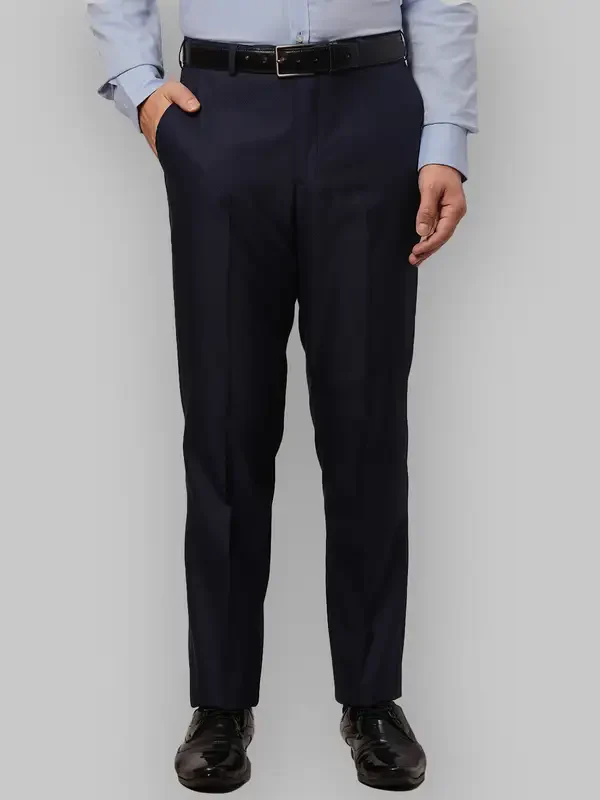 Men Blue Smart Fit Structure Polyester Blend Trouser