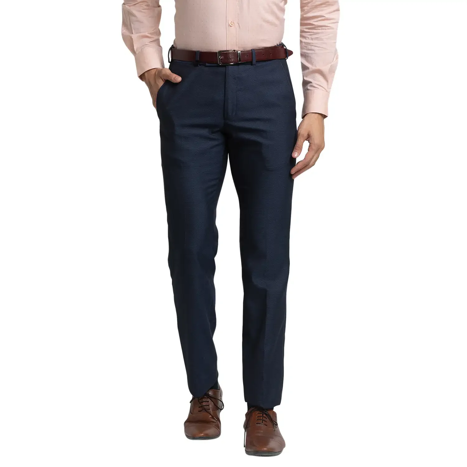 Men Blue Smart Fit Structure Polyester Blend Trouser