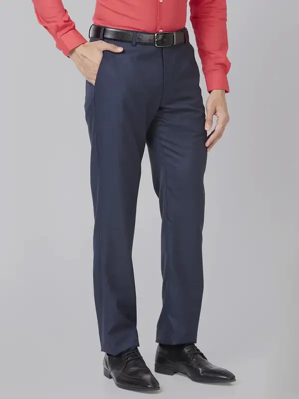 Men Blue Smart Fit Structure Polyester Blend Trouser - Image 2