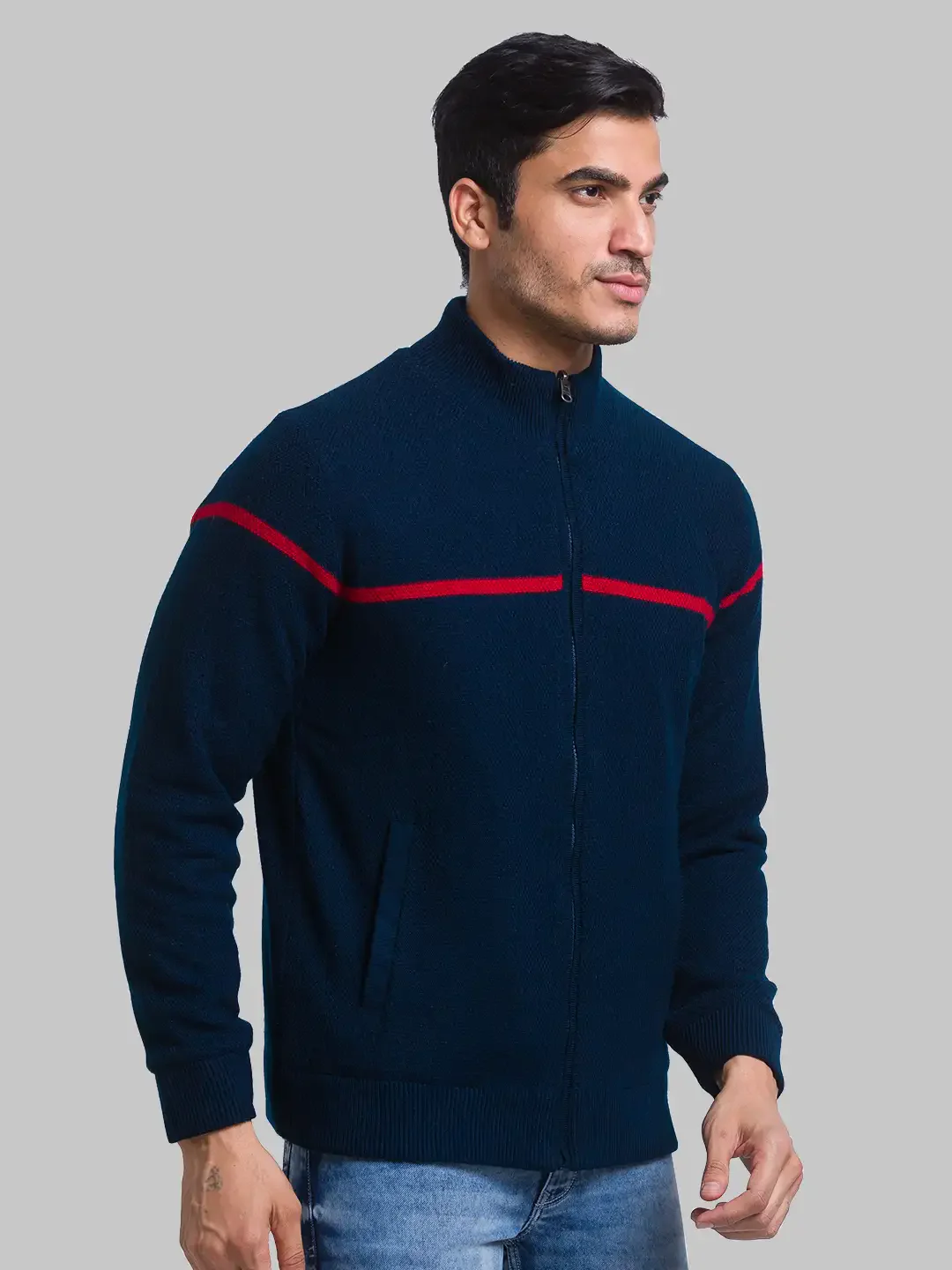 Men Blue Solid Acrylic Full Sleeve Sweaters - Image 2