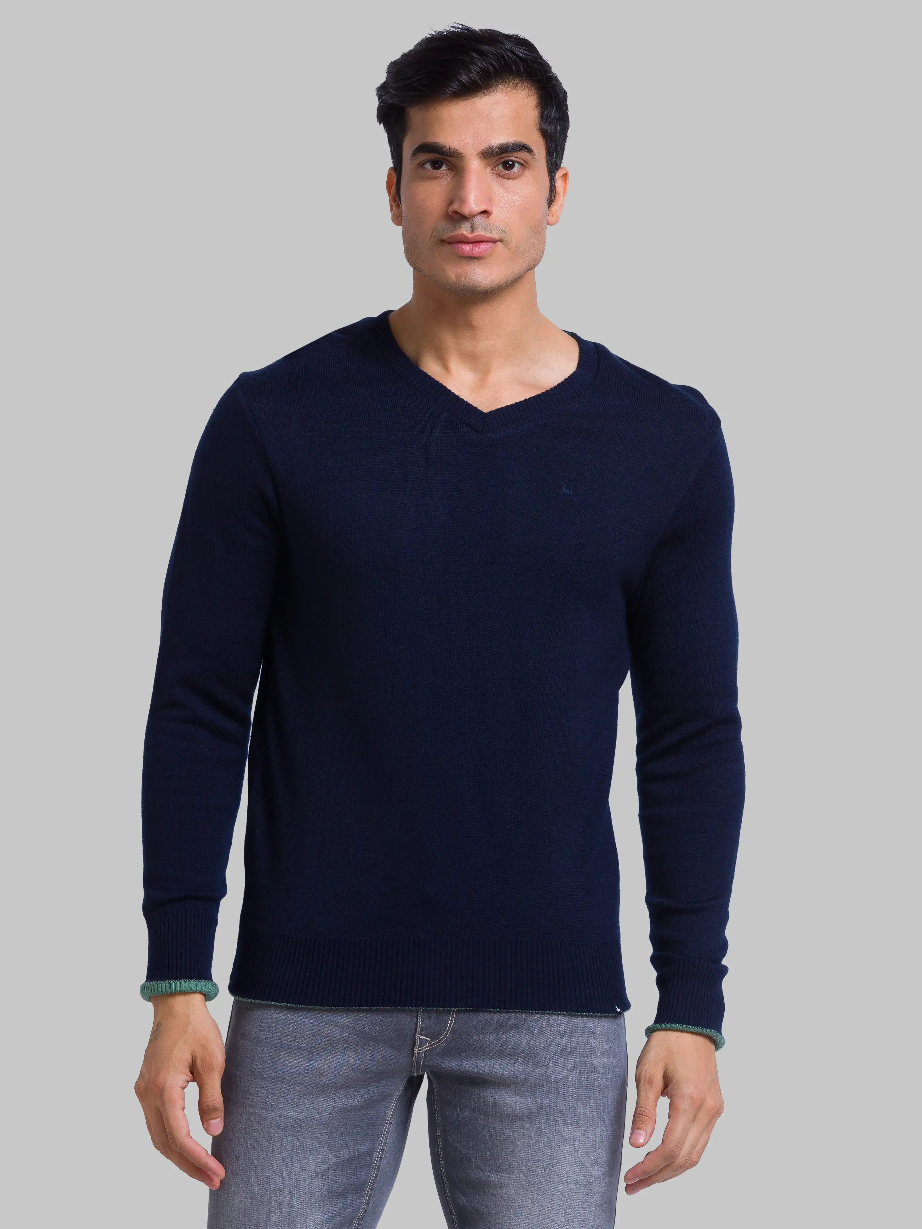 Men Blue Solid Acrylic Full Sleeve Sweaters