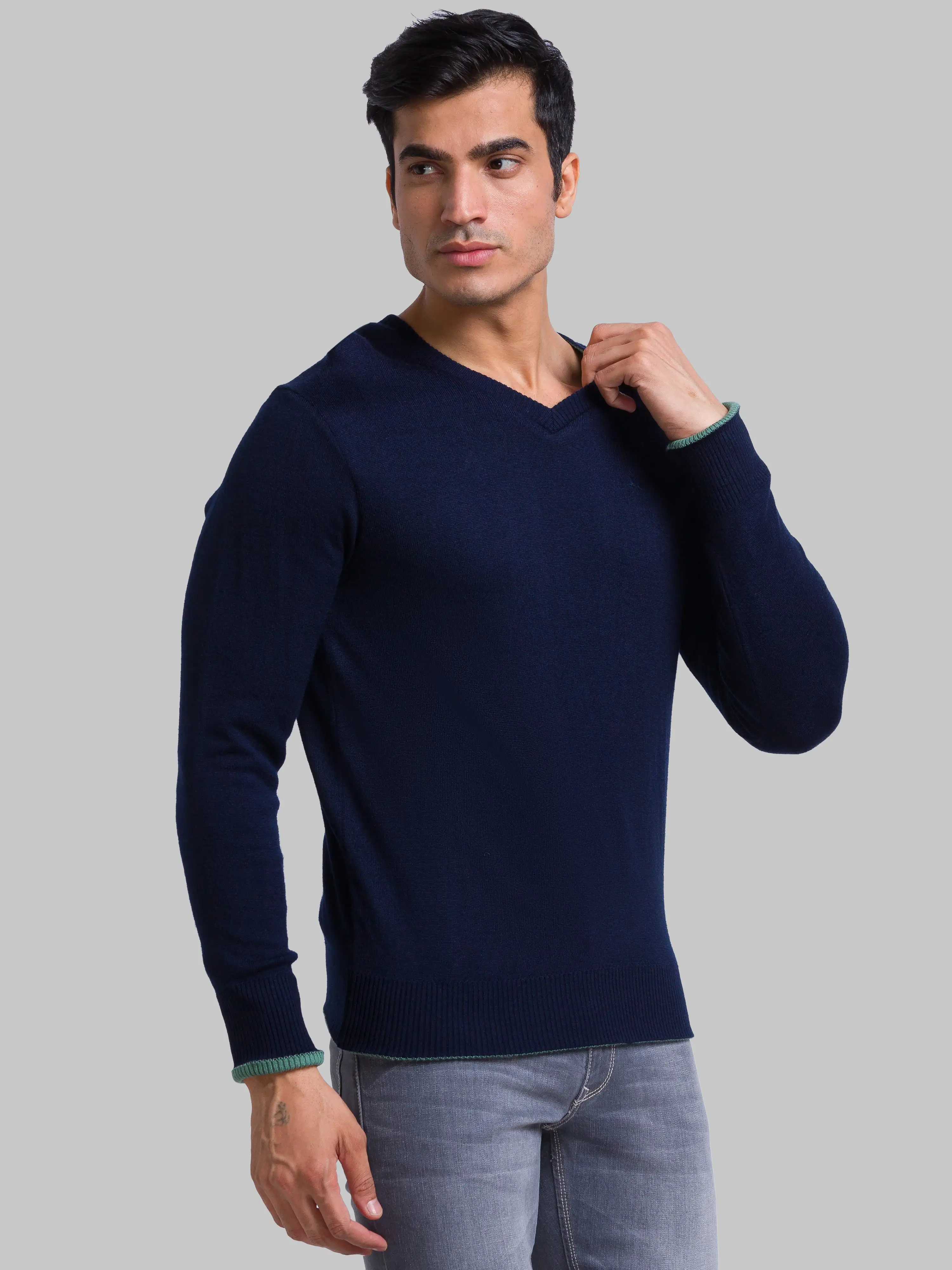 Men Blue Solid Acrylic Full Sleeve Sweaters - Image 2