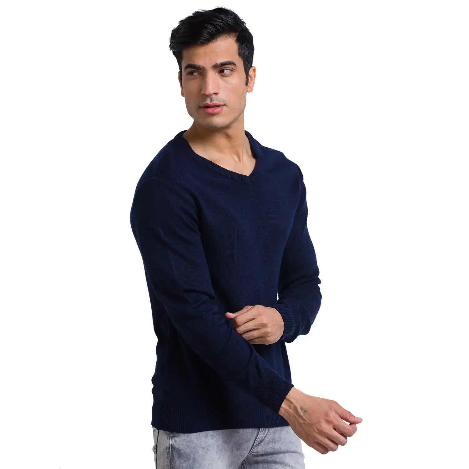 Men Blue Solid Acrylic Full Sleeve Sweaters - Image 2