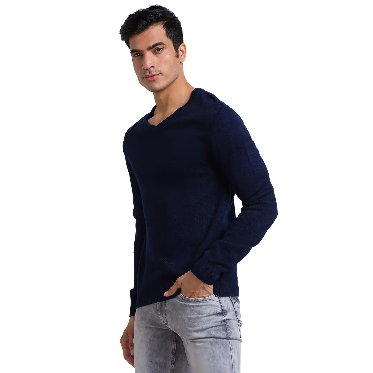 Men Blue Solid Acrylic Full Sleeve Sweaters - Image 3
