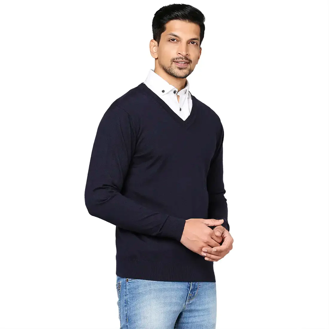 Men Blue Solid Merino Wool Full Sleeve V Neck Collar Sweaters - Image 2