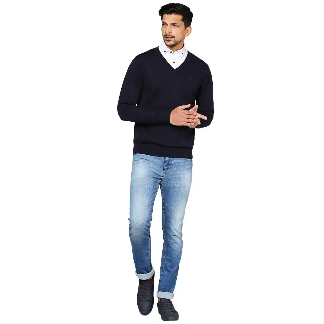 Men Blue Solid Merino Wool Full Sleeve V Neck Collar Sweaters - Image 5