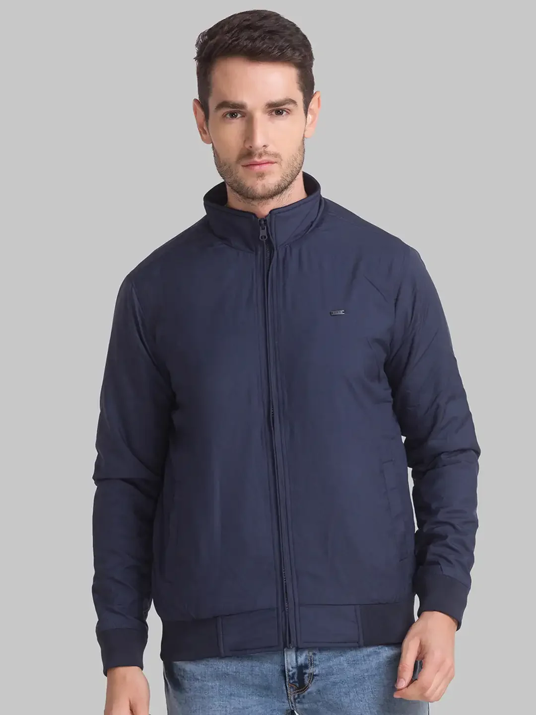 Men Blue Solid Polyester Full Sleeve Jackets