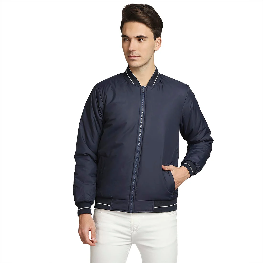 Men Blue Solid Polyester Full Sleeve Jackets