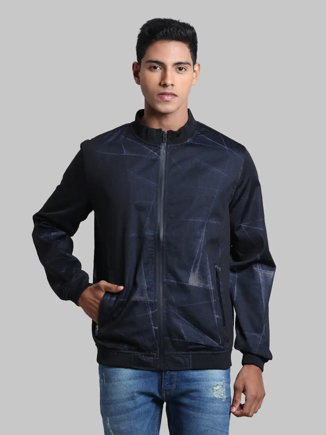 Men Blue Solid Polyester Full Sleeve Jackets