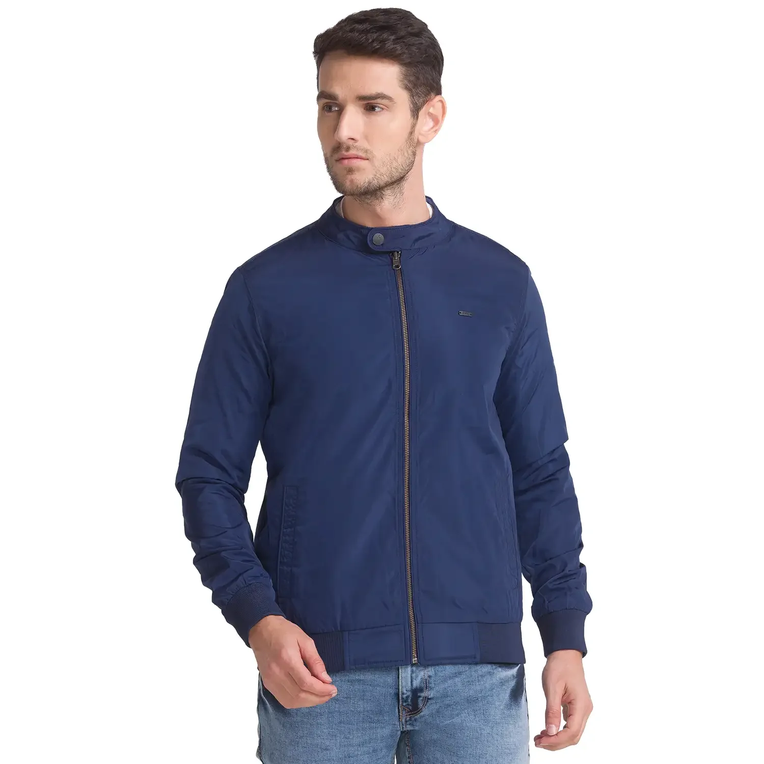 Men Blue Solid Polyester Full Sleeve Jackets