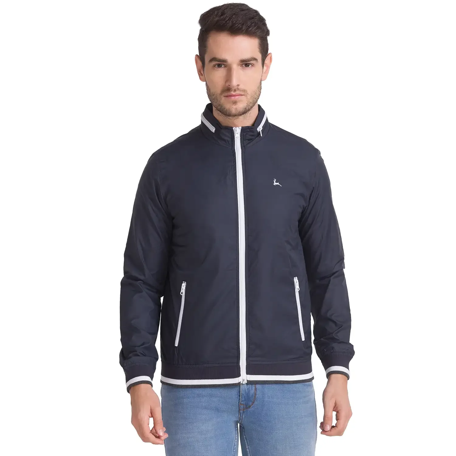 Men Blue Solid Polyester Full Sleeve Windcheater