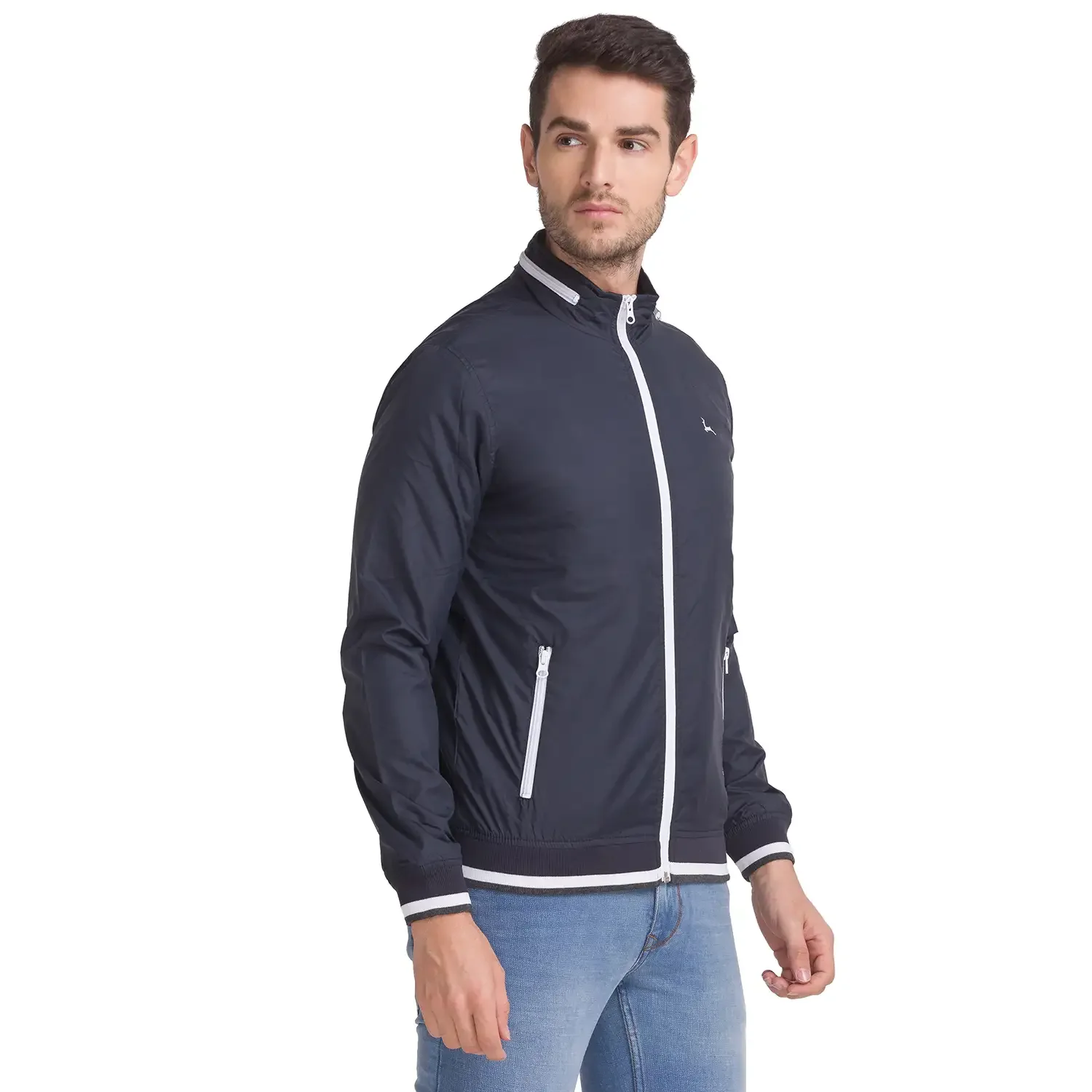 Men Blue Solid Polyester Full Sleeve Windcheater - Image 2