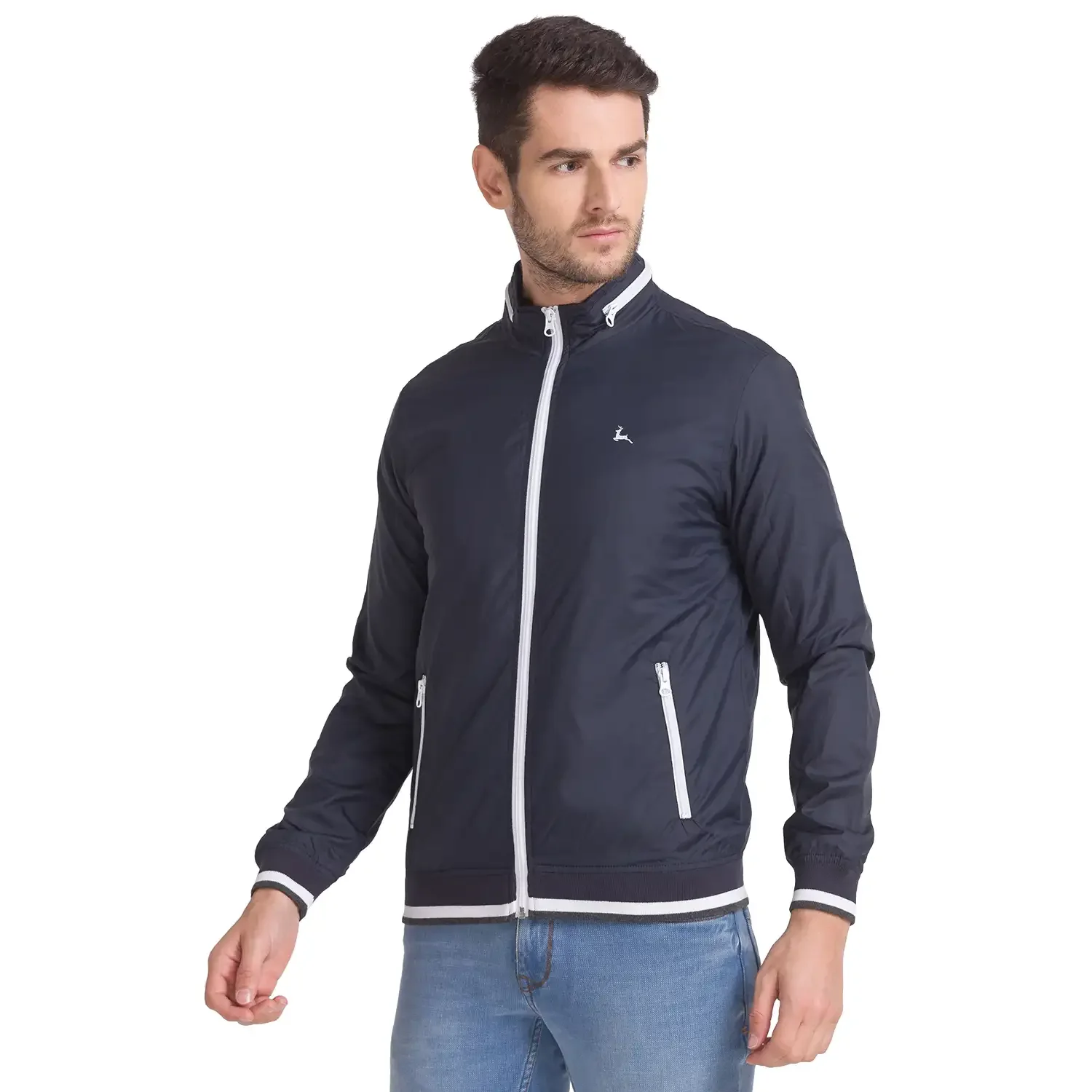 Men Blue Solid Polyester Full Sleeve Windcheater - Image 3