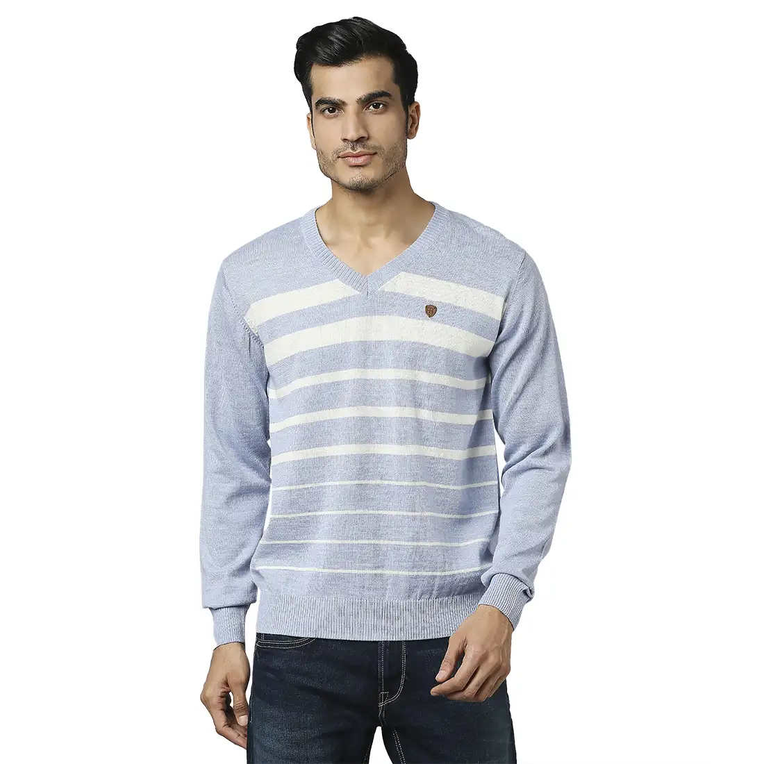 Men Blue Stripe Acrylic Wool Blend Full Sleeve V Neck Collar Sweaters