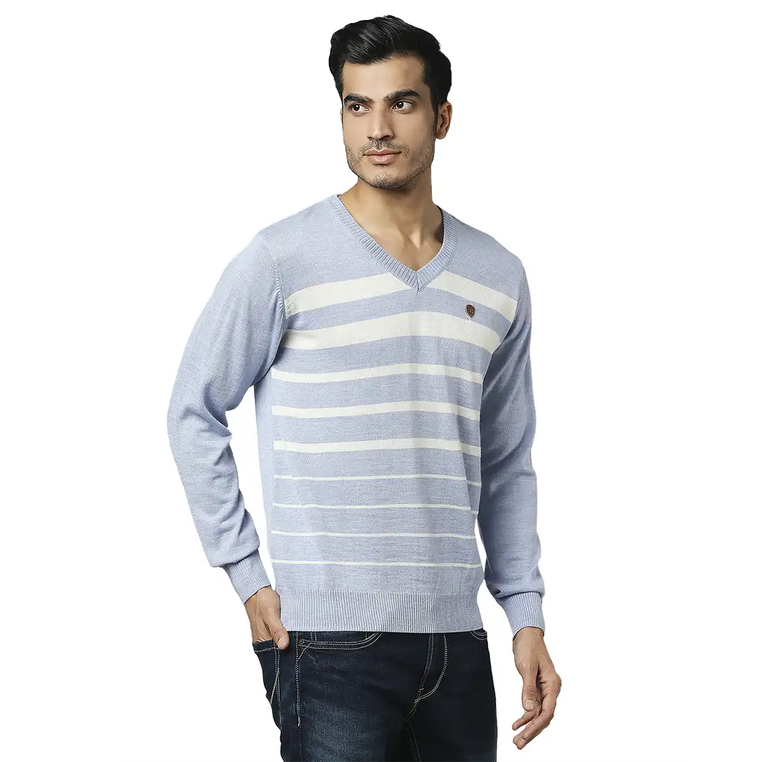 Men Blue Stripe Acrylic Wool Blend Full Sleeve V Neck Collar Sweaters - Image 2
