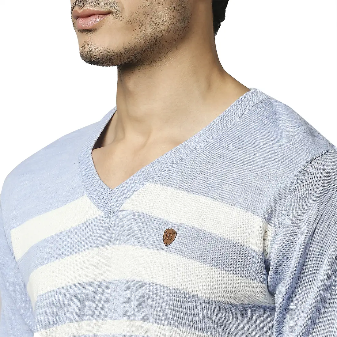Men Blue Stripe Acrylic Wool Blend Full Sleeve V Neck Collar Sweaters - Image 6