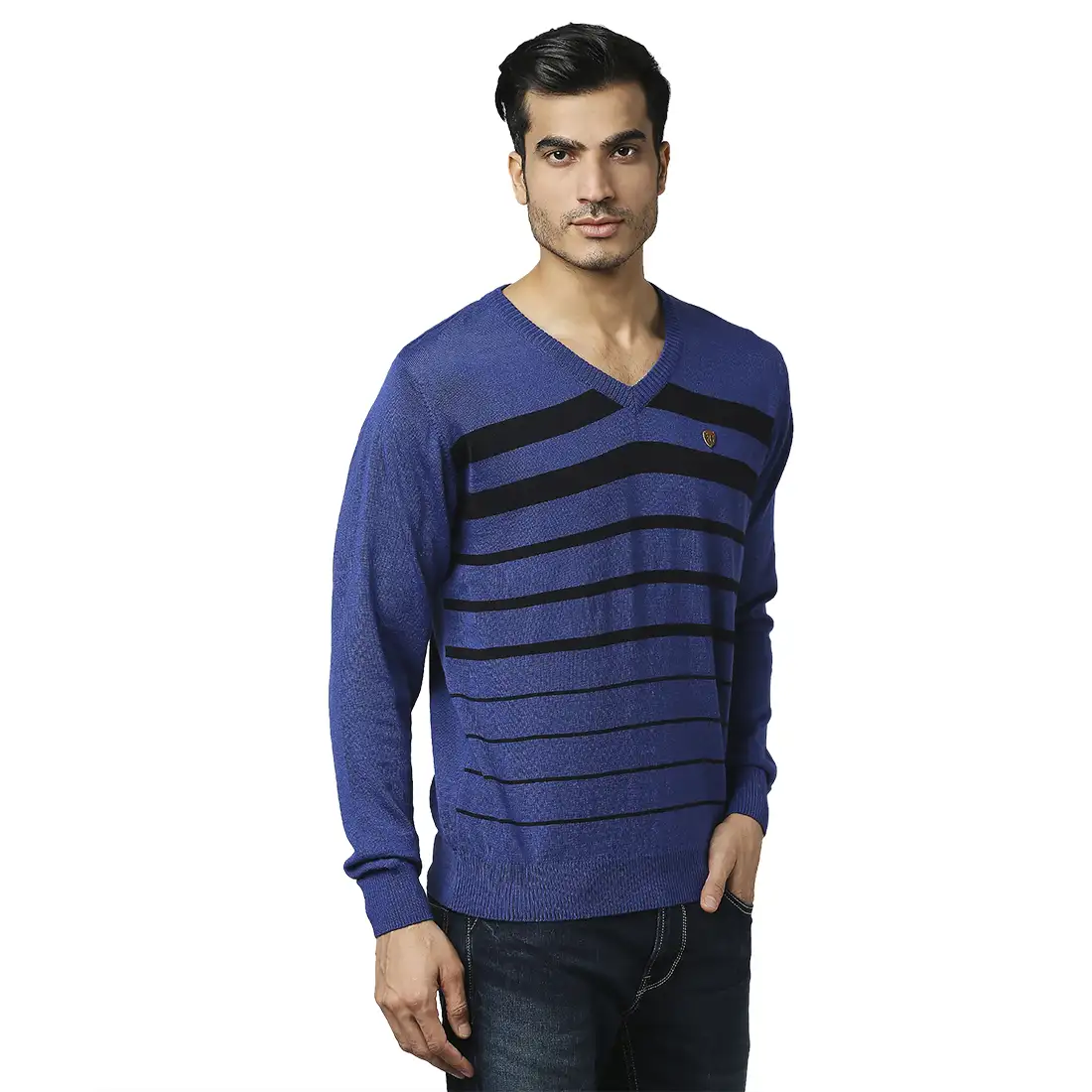 Men Blue Stripe Acrylic Wool Blend Full Sleeve V Neck Collar Sweaters - Image 2