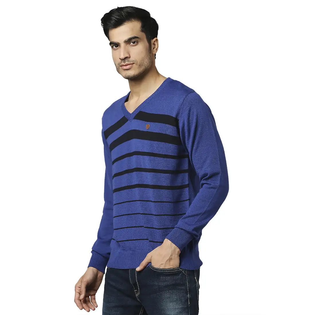 Men Blue Stripe Acrylic Wool Blend Full Sleeve V Neck Collar Sweaters - Image 3