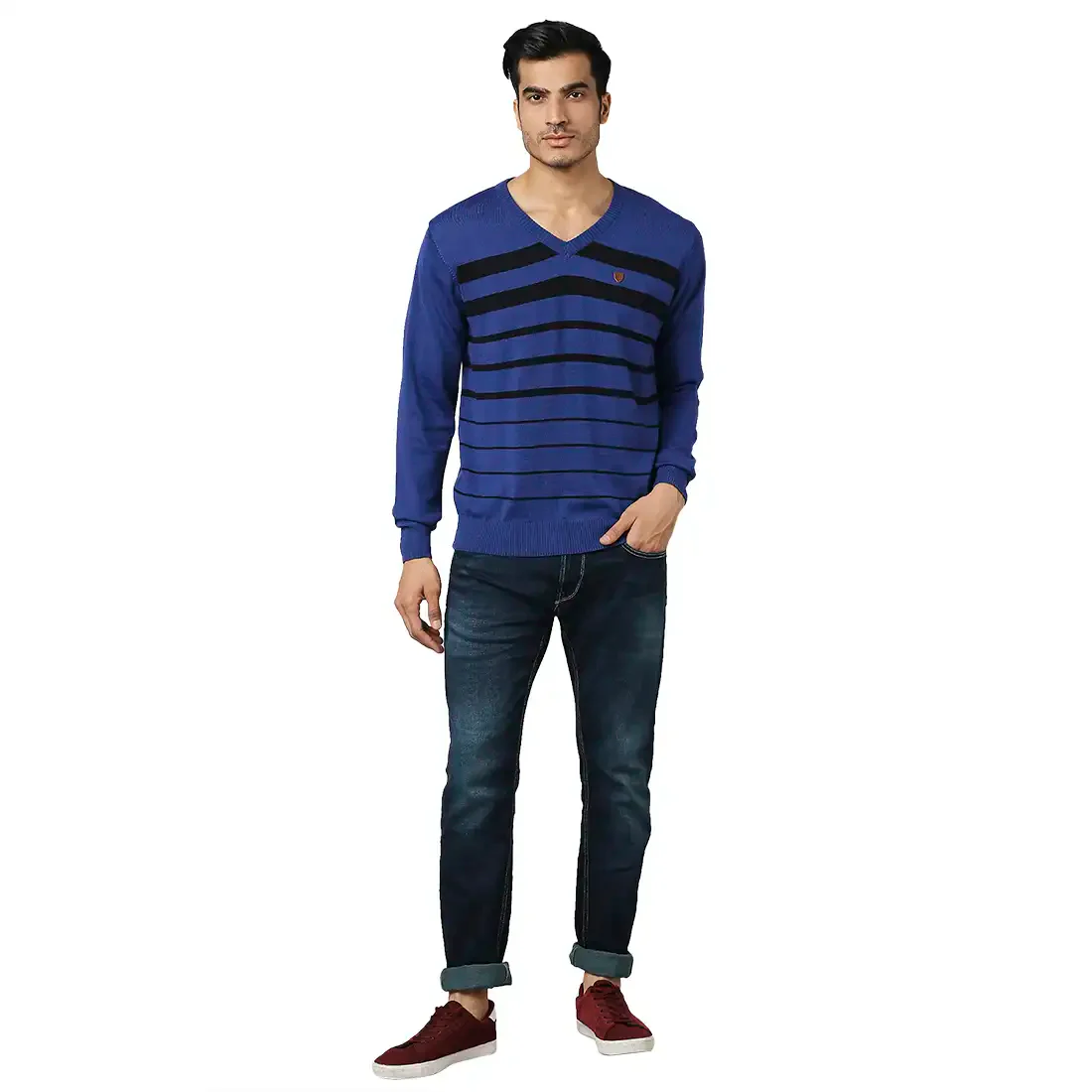 Men Blue Stripe Acrylic Wool Blend Full Sleeve V Neck Collar Sweaters - Image 5