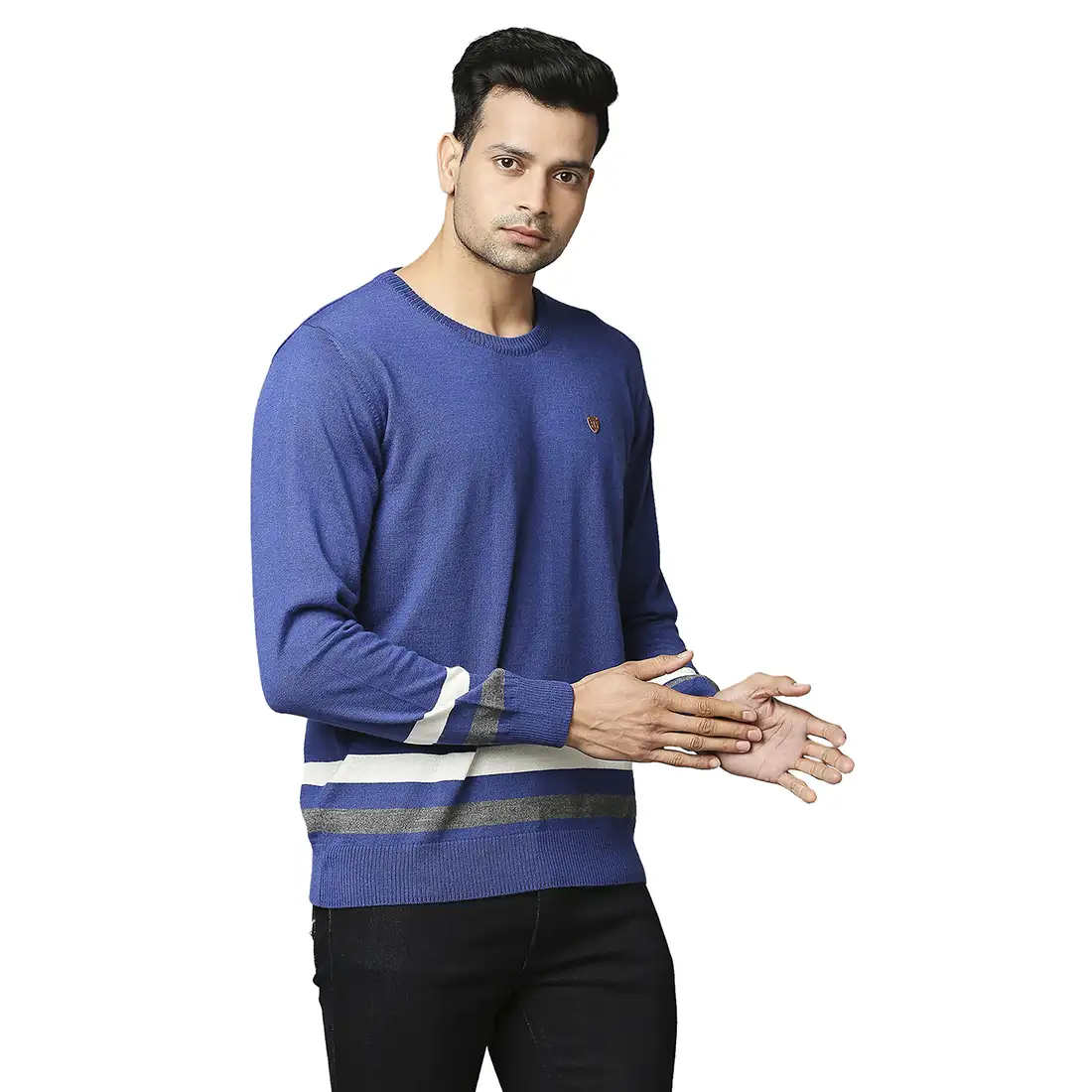 Men Blue Stripe Acrylic Wool Blend Round Collar Sweaters - Image 2