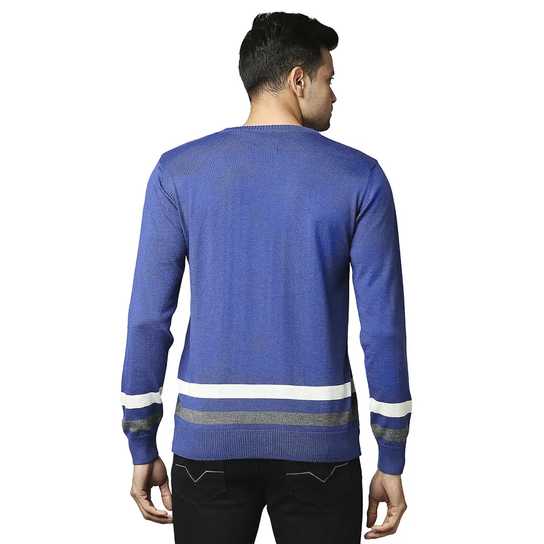 Men Blue Stripe Acrylic Wool Blend Round Collar Sweaters - Image 4