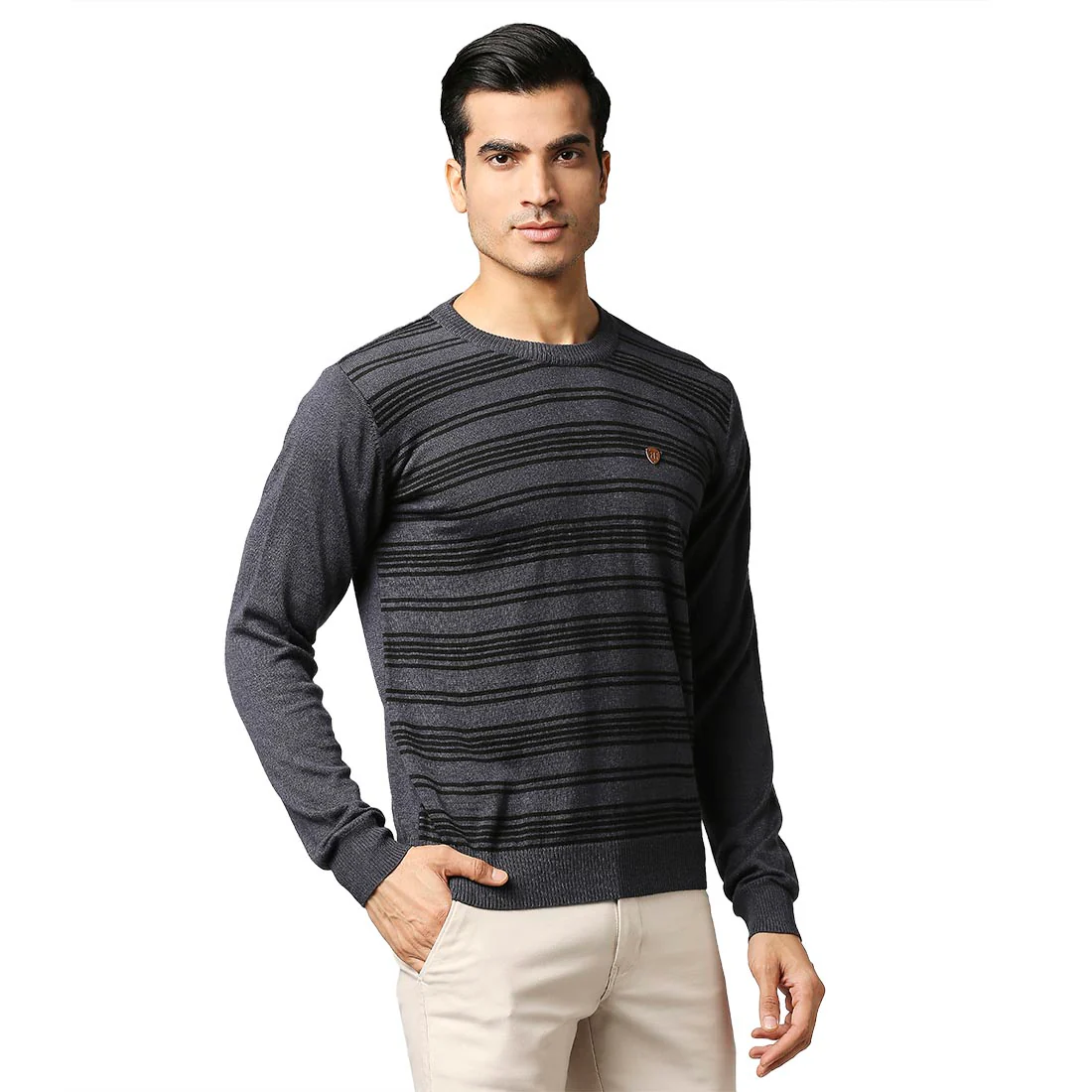 Men Blue Stripe Acrylic Wool Blend Round Collar Sweaters - Image 2