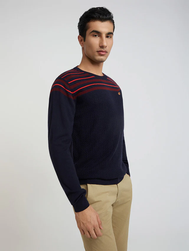 Men Blue Stripe Acrylic Wool Blend Round Collar Sweaters - Image 2