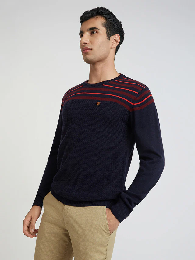Men Blue Stripe Acrylic Wool Blend Round Collar Sweaters - Image 3