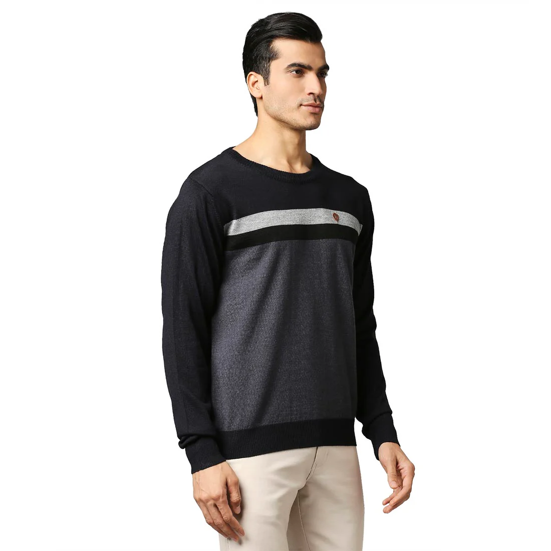 Men Blue Stripe Acrylic Wool Blend Round Collar Sweaters - Image 2