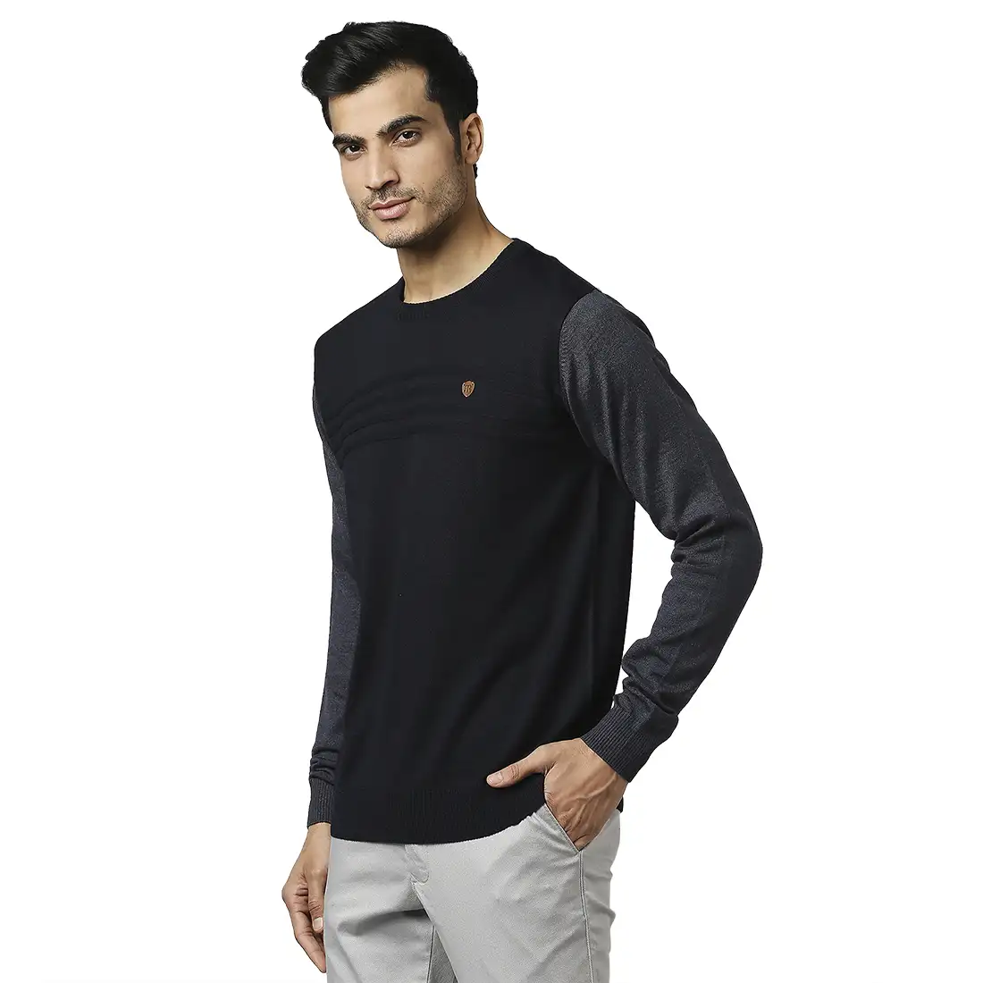 Men Blue Stripe Acrylic Wool Blend Round Collar Sweaters - Image 3