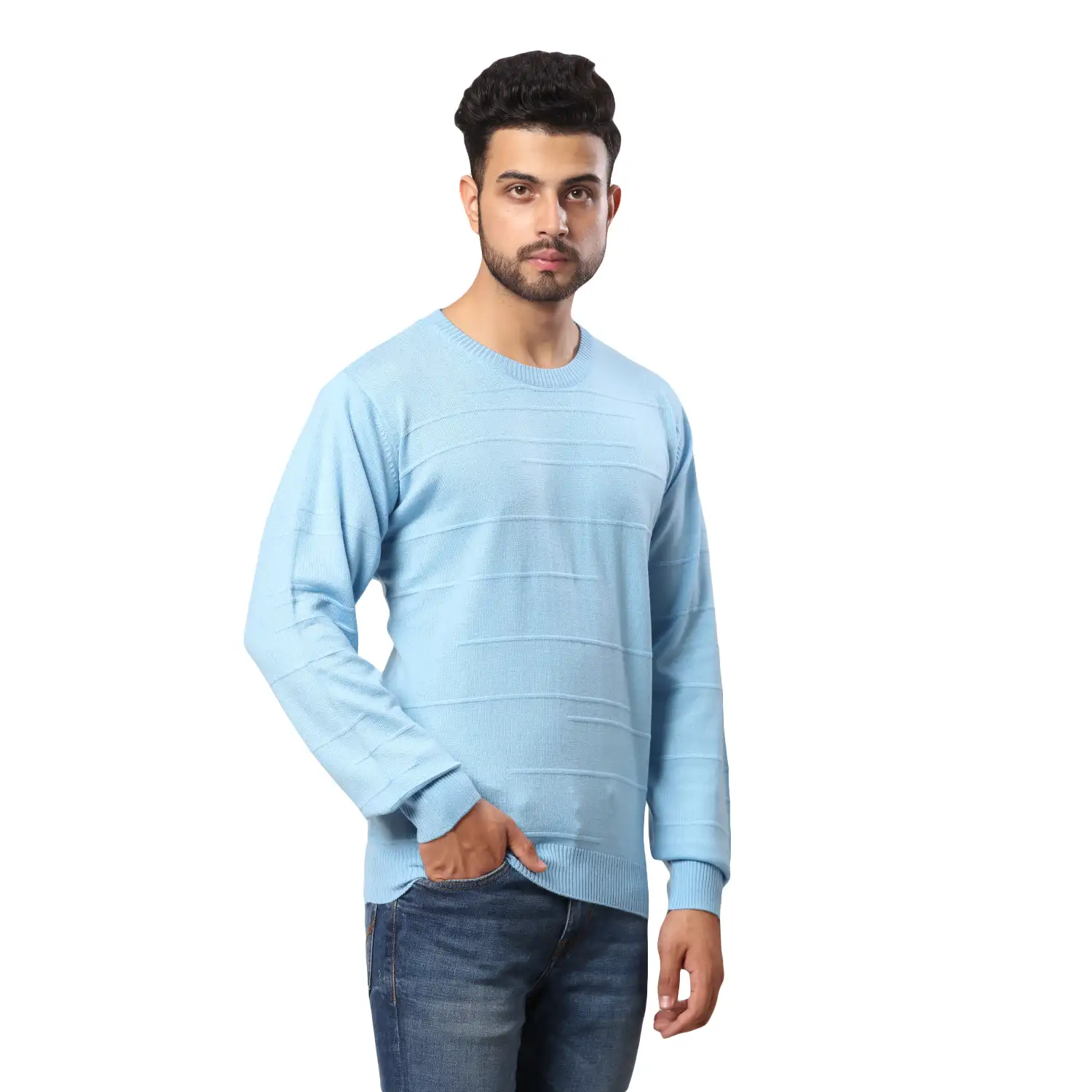 Men Blue Structure Cable Acrylic Wool Blend Full Sleeve V Neck Collar Sweaters - Image 2